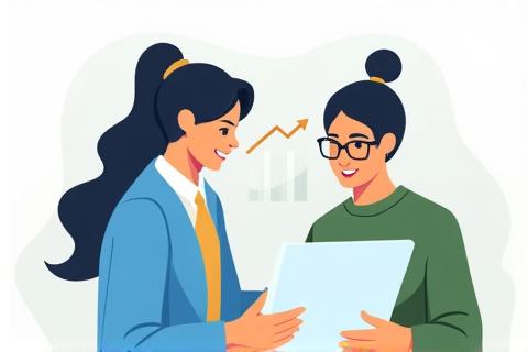 Dos personas trabajando juntas, una guiando a la otra, con un icono de crecimiento sobre ellas.